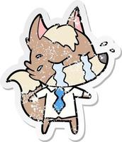 distressed sticker of a cartoon crying wolf wearing work clothes vector