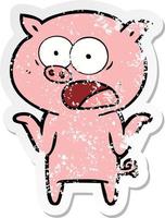 distressed sticker of a cartoon pig shouting vector