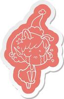 cartoon  sticker of a crying alien girl wearing santa hat vector