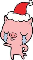 line drawing of a pig crying wearing santa hat vector