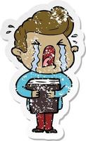 distressed sticker of a cartoon crying man vector