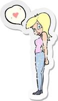 retro distressed sticker of a cartoon woman in love vector