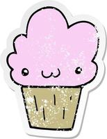 distressed sticker of a cartoon cupcake with face vector