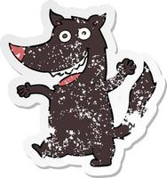 retro distressed sticker of a cartoon happy wolf vector