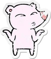 distressed sticker of a cartoon bear shrugging vector