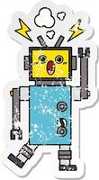 distressed sticker of a cute cartoon malfunctioning robot vector