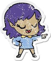 distressed sticker of a happy cartoon elf girl pointing vector