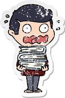 distressed sticker of a cartoon man with books totally stressed out vector