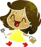 caricatura retro de una linda chica kawaii con balde y pala vector