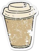 distressed sticker of a cartoon takeout coffee cup vector