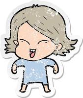 distressed sticker of a happy cartoon girl vector