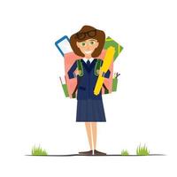 Smiling Young School Girl in Uniform with Pink Backpack. vector
