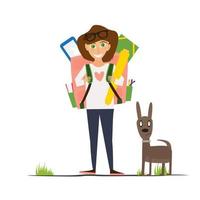 Smiling Young Girl with Dog. vector