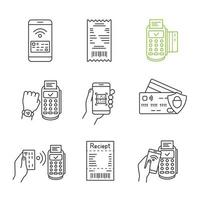 NFC payment linear icons set. Pay with smartphone and credit card, cash receipt, POS terminal, QR code scanner, NFC smartwatch. Thin line. Isolated vector outline illustrations. Editable stroke