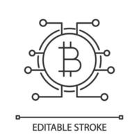 Bitcoin linear icon. Virtual currency. Thin line illustration. Online banking. Bitcoin payment. Contour symbol. Microchip pathways with coin inside. Vector isolated outline drawing. Editable stroke