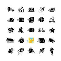 Motion black glyph icons set on white space. Motor vehicle. Sport activity. Dynamic movement. Quick acceleration. Silhouette symbols. Solid pictogram pack. Vector isolated illustration