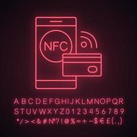 NFC technology neon light icon. Near field communication. Contactless payment. Cashless smartphone payment. Glowing sign with alphabet, numbers and symbols. Vector isolated illustration