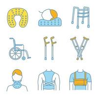 Trauma treatment color icons set. Posture corrector, neck orthopedic pillow, wheelchair, axillary and elbow crutches, cervical collar, walker, rib belt. Isolated vector illustrations