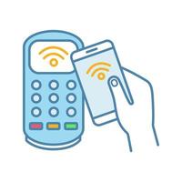 NFC smartphone payment color icon. NFC phone and POS terminal. Near field communication. Mobile phone contactless payment. Isolated vector illustration