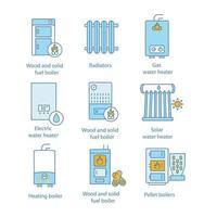 conjunto de iconos de colores de calefacción. calderas, radiadores, calentadores de agua. calderas de gas, eléctricas, combustibles sólidos, pellet, solares. sistemas de calefacción central comerciales, industriales y domésticos. ilustraciones vectoriales aisladas vector