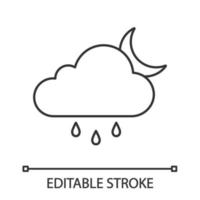 Rain night linear icon. Drizzle or shower at night. Thin line illustration. Cloud, raindrop and moon. Weather forecast. Contour symbol. Vector isolated outline drawing. Editable stroke