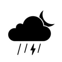 Night thunderstorm glyph icon. Thunder storm. Lightning storm. Stormy. Cloud, lightning, rain and moon. Weather forecast. Silhouette symbol. Negative space. Vector isolated illustration