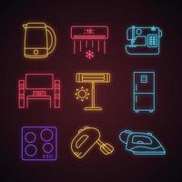Household appliance neon light icons set. Kettle, air conditioner, sewing machine, home theater, infrared heater, fridge, cooktop, mixer, steam iron. Glowing signs. Vector isolated illustrations