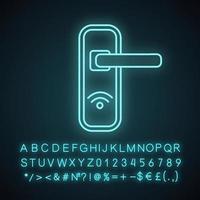 NFC door lock neon light icon. Near field communication padlock. Contactless technology. Glowing sign with alphabet, numbers and symbols. Vector isolated illustration