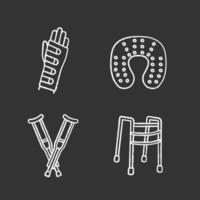 Trauma treatment chalk icons set. Wrist brace, neck pillow, axillary crutches, walker. Isolated vector chalkboard illustrations