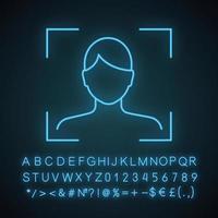 Facial recognition neon light icon. Face scan. Glowing sign with alphabet, numbers and symbols. Biometric identification. Face ID. Vector isolated illustration