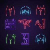 Gynecology neon light icons set. Menstruation calendar, nipple discharge, lab test, palpation, infertility, mammography, exam, pain, uterus. Glowing signs. Vector isolated illustrations