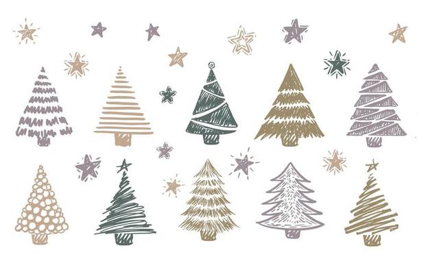 Christmas tree hand drawn illustrations. Vector.