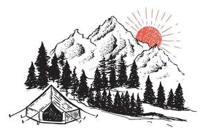 acampar en la naturaleza, paisaje montañoso, estilo boceto, ilustraciones vectoriales. vector