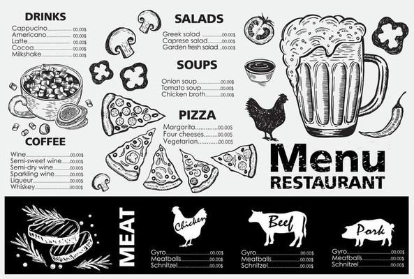Menu. Vector hand drawn illustration. Design template.