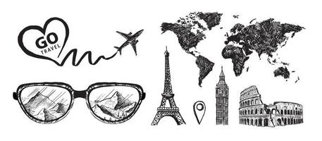 Go Travel. Map of the world, The plane drew a heart. Eiffel Tower, Coliseum. Grunge style, vector illustrations.