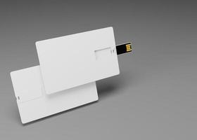 maqueta de diseño de tarjeta usb de oblea de plástico blanco en blanco, representación 3d. visitando una maqueta de tarjeta de visita de unidad flash. presentación de regalo del disco. foto