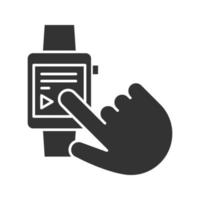 Smartwatch glyph icon. Digital wristwatch. Hand installing smart watch app. Silhouette symbol. Negative space. Vector isolated illustration