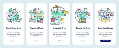 Types of land-use onboarding mobile app screen. Recreational areas walkthrough 5 steps graphic instructions pages with linear concepts. UI, UX, GUI template. vector