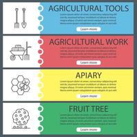 Agriculture web banner templates set. Pitchfork and shovel, wheelbarrow with hays, apiary, fruit tree. Website color menu items with linear icons. Vector headers design concepts