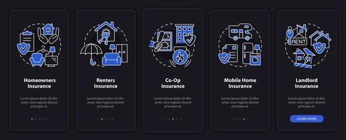 Types of property insurance night mode onboarding mobile app screen. Walkthrough 5 steps graphic instructions pages with linear concepts. UI, UX, GUI template. vector