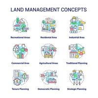 Land management concept icons set. Recreational and residential areas idea thin line color illustrations. Strategic plan. Isolated symbols. Editable stroke. vector