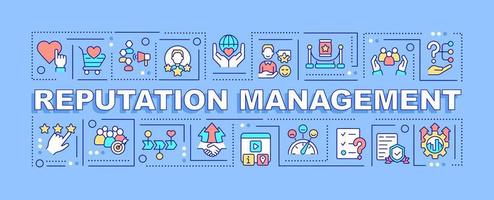Reputation management word concepts blue banner. PR promotion strategy. Infographics with icons on color background. Isolated typography. Vector illustration with text.
