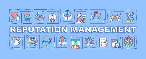 Reputation management word concepts blue banner. PR promotion strategy. Infographics with icons on color background. Isolated typography. Vector illustration with text.