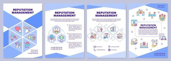 plantilla de folleto azul de gestión de reputación. trabajo de relaciones públicas diseño de folletos con iconos lineales. 4 diseños vectoriales para presentación, informes anuales. vector