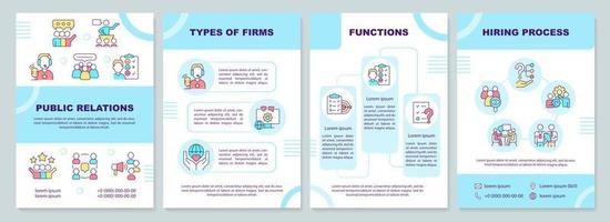 PR blue brochure template. Public relations for business. Leaflet design with linear icons. 4 vector layouts for presentation, annual reports.