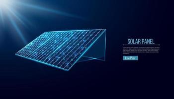 Solar battery, solar panel. Renewable alternative energy concept with glowing low poly panel on dark blue background. Wireframe low poly design. Abstract futuristic vector illustration