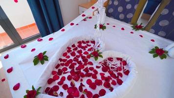 Hotel room concept for honeymoon. Room decorated with rose petals. Red balloons. Romantic hotel room concept. video