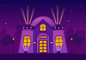 Casino Building Cartoon Illustration with Architecture, Lights and Purple Background for Gambling Style Design vector