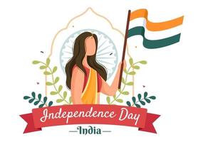 feliz día de la independencia india que se celebra cada agosto con banderas, personajes de personas y ruedas ashoka en la ilustración de estilo de dibujos animados vector