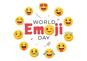 celebración del día mundial del emoji con eventos y lanzamientos de productos en diferentes expresiones faciales forma de caricatura linda en ilustración de fondo plano vector